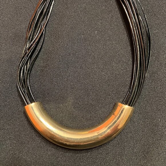 nOir Gold Tone Plate and Black Leather Strap Necklace - Picture 3 of 4
